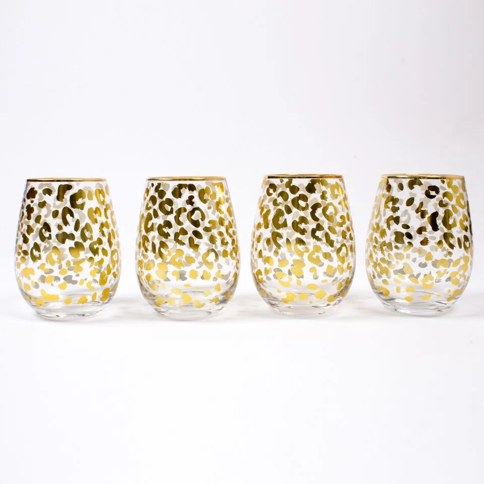 8 Oak Lane    Gold Leopard Stemless Wine Glass