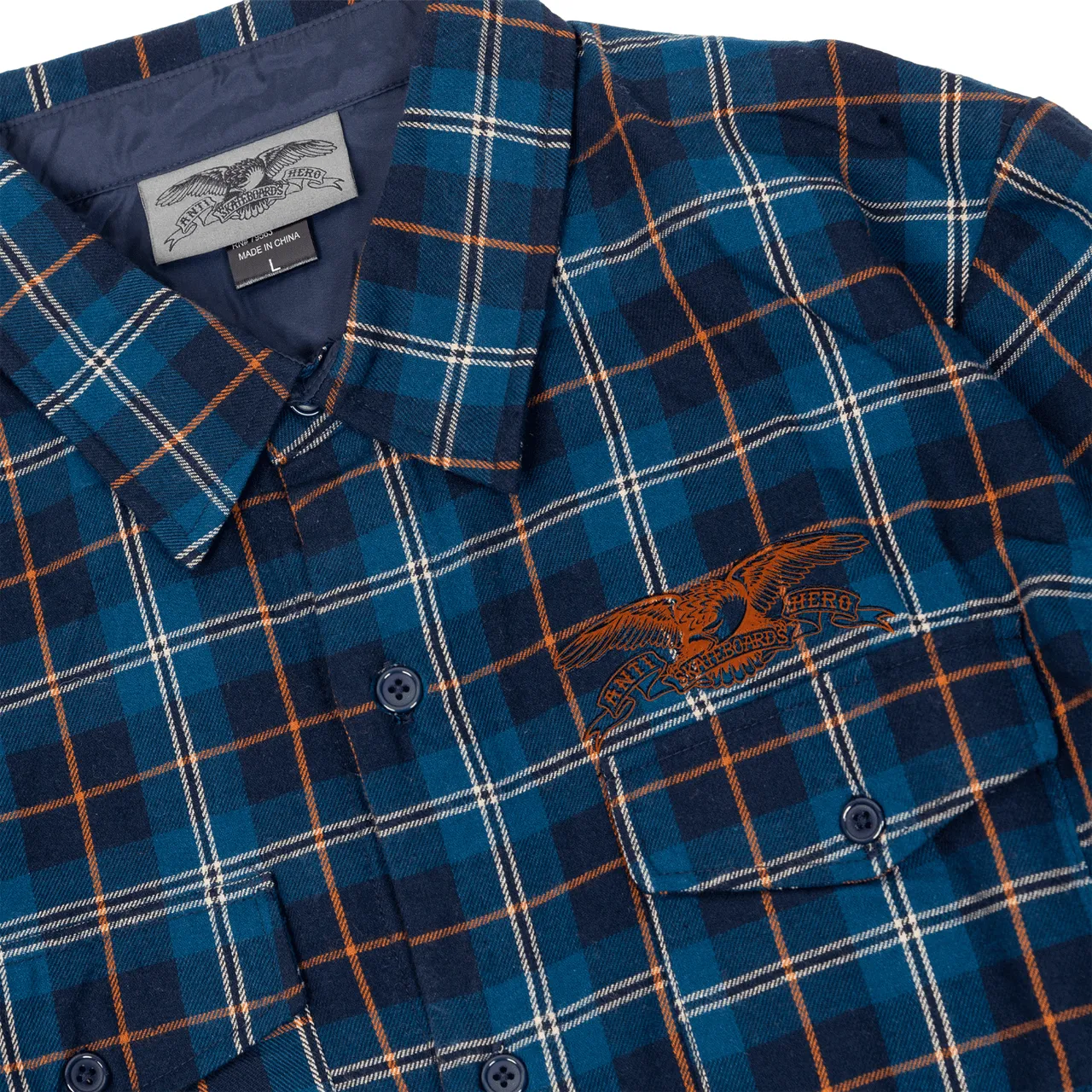 ANTIHERO SKATEBOARDS EAGLE LONG SLEEVE FLANNEL NAVY BLUE/ORANGE