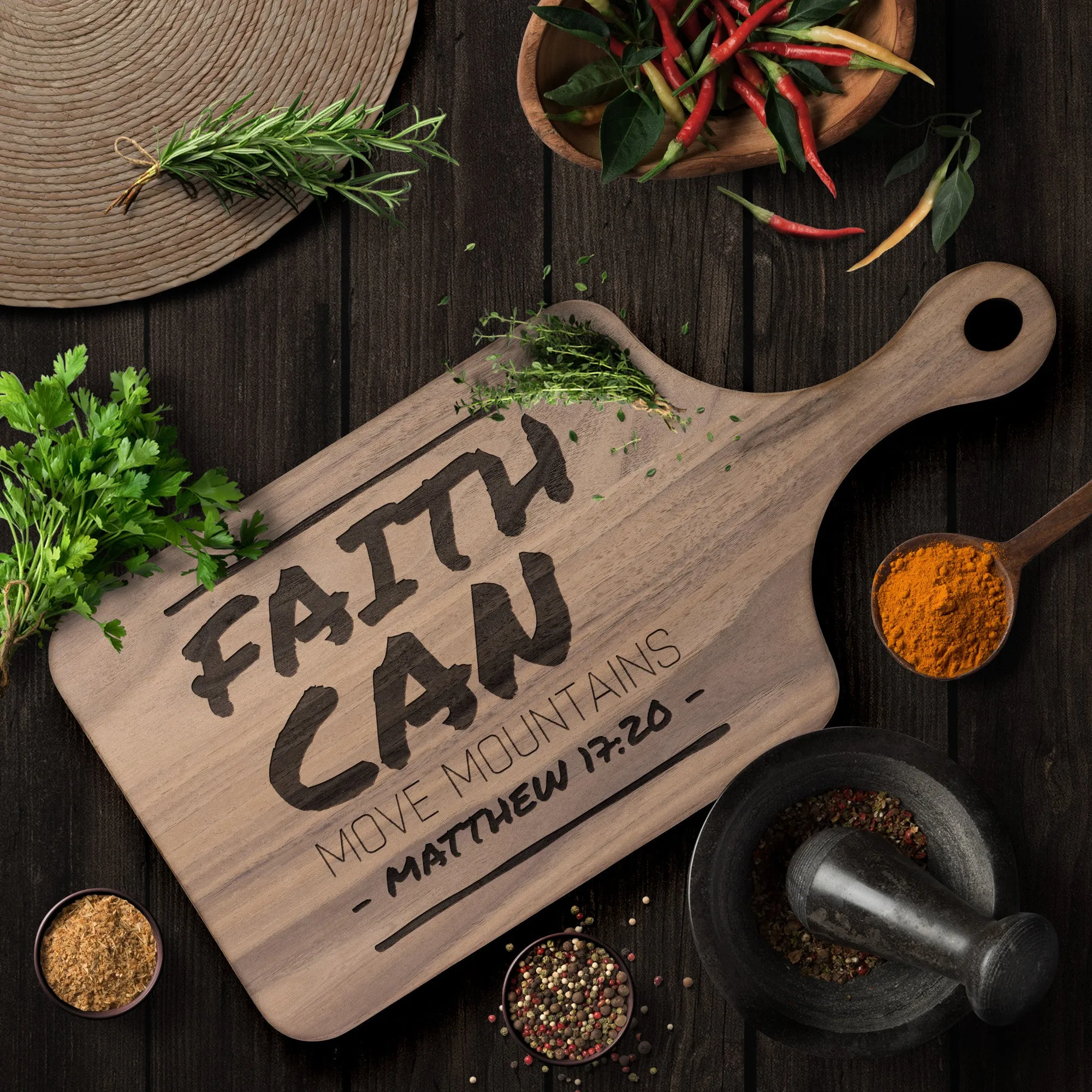 Bible Verse Hardwood Paddle Cutting Board - Faith Can Move Mountains ~Matthew 17:20~ Design 16