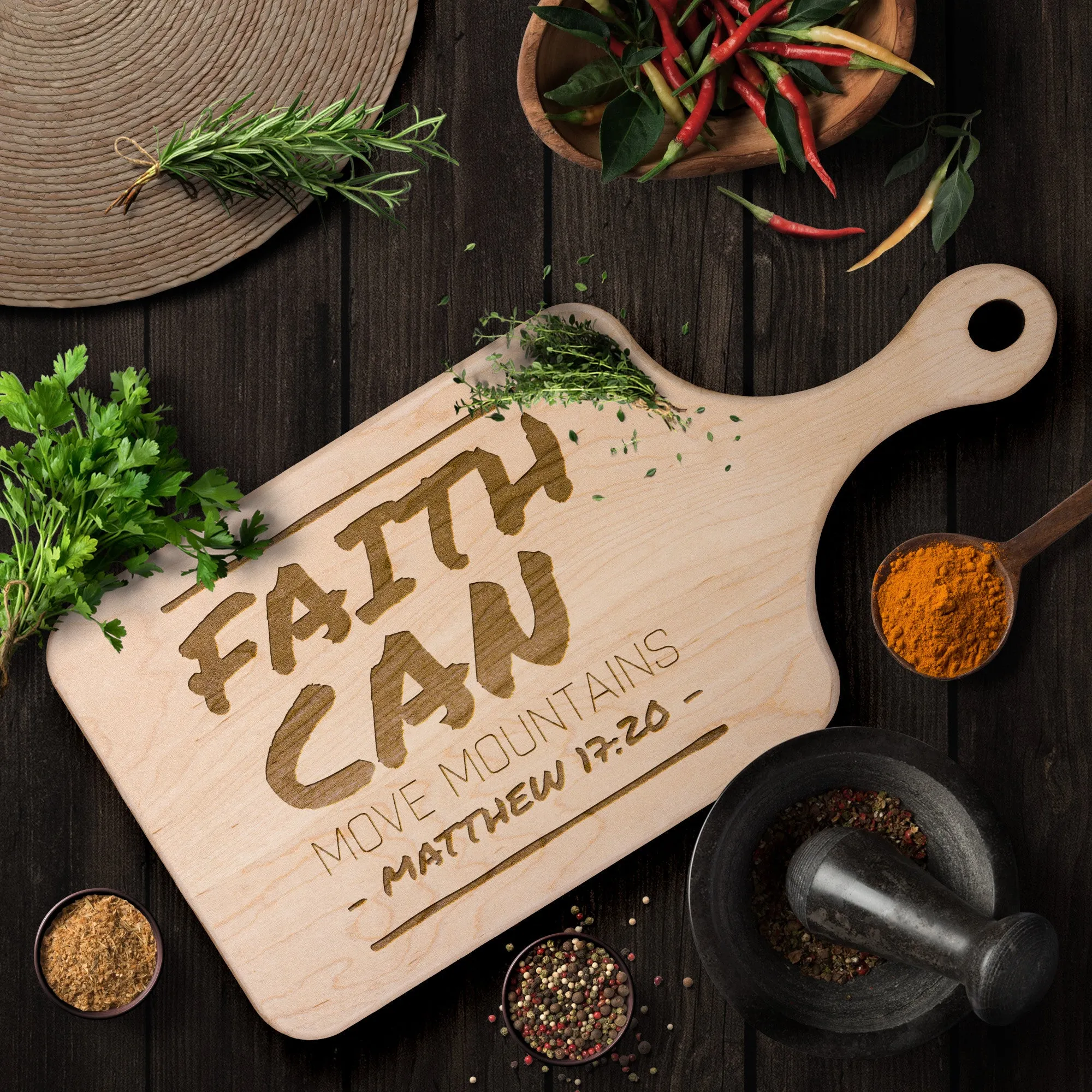 Bible Verse Hardwood Paddle Cutting Board - Faith Can Move Mountains ~Matthew 17:20~ Design 16