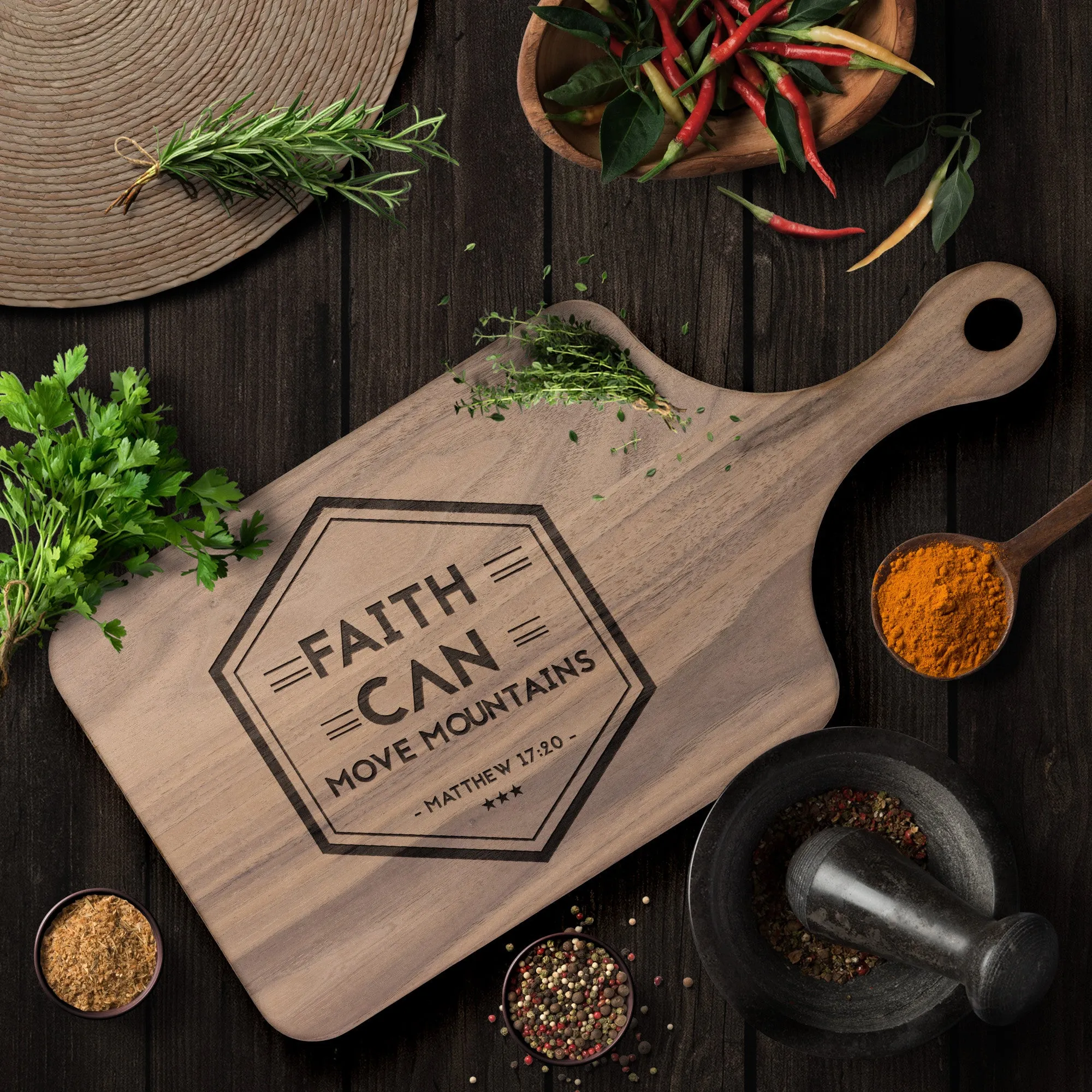 Bible Verse Hardwood Paddle Cutting Board - Faith Can Move Mountains ~Matthew 17:20~ Design 19