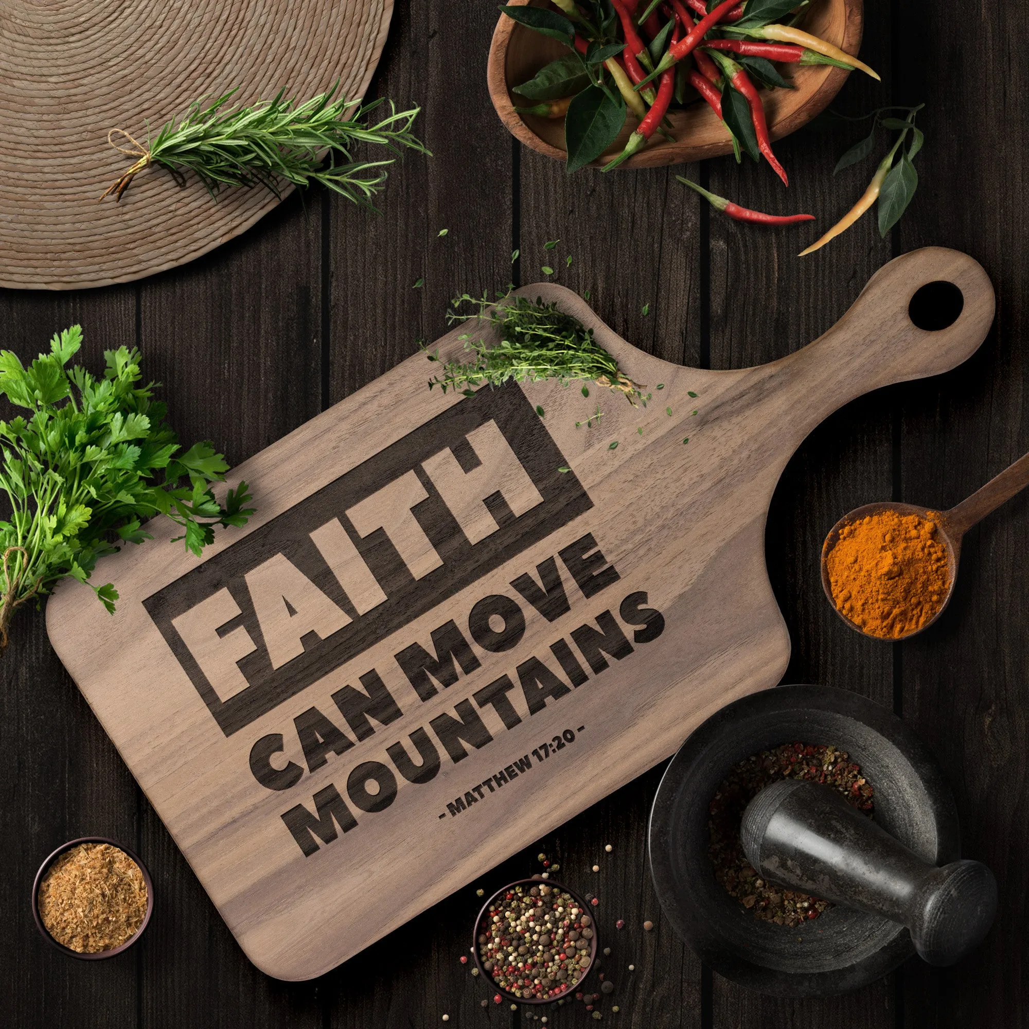 Bible Verse Hardwood Paddle Cutting Board - Faith Can Move Mountains ~Matthew 17:20~ Design 2