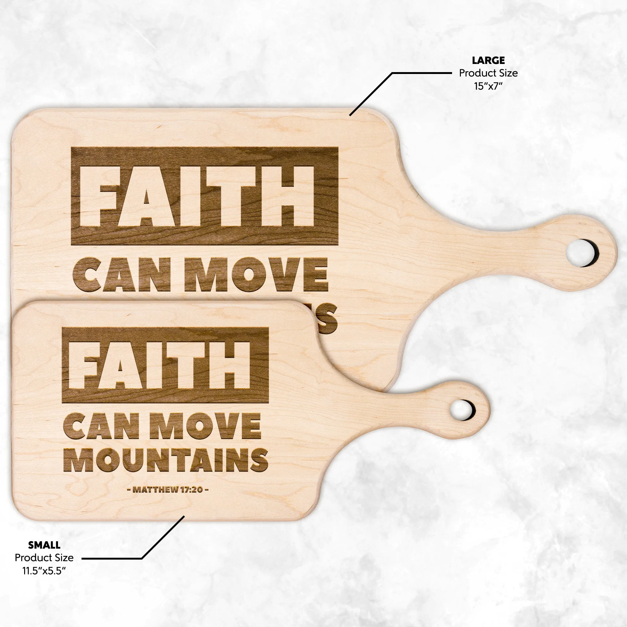 Bible Verse Hardwood Paddle Cutting Board - Faith Can Move Mountains ~Matthew 17:20~ Design 2