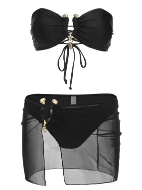 Black 1950s Solid Bikini Set With Skirt