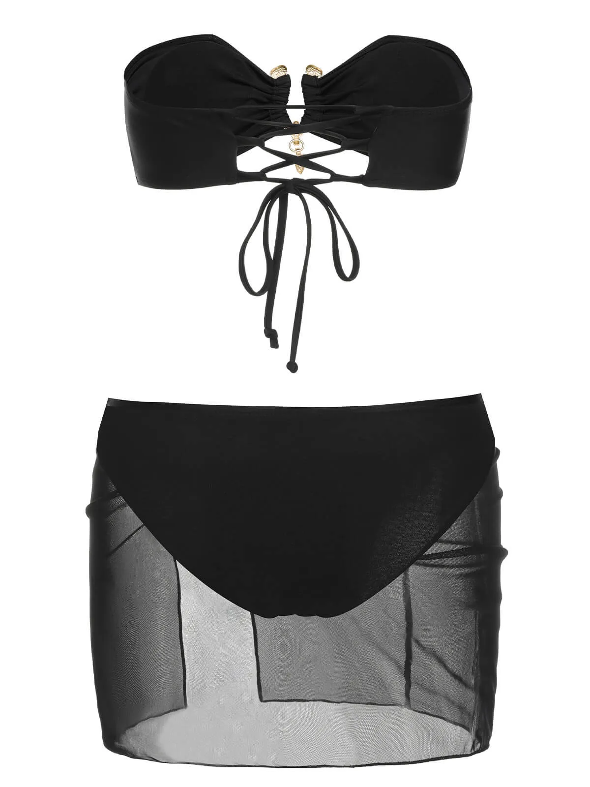 Black 1950s Solid Bikini Set With Skirt