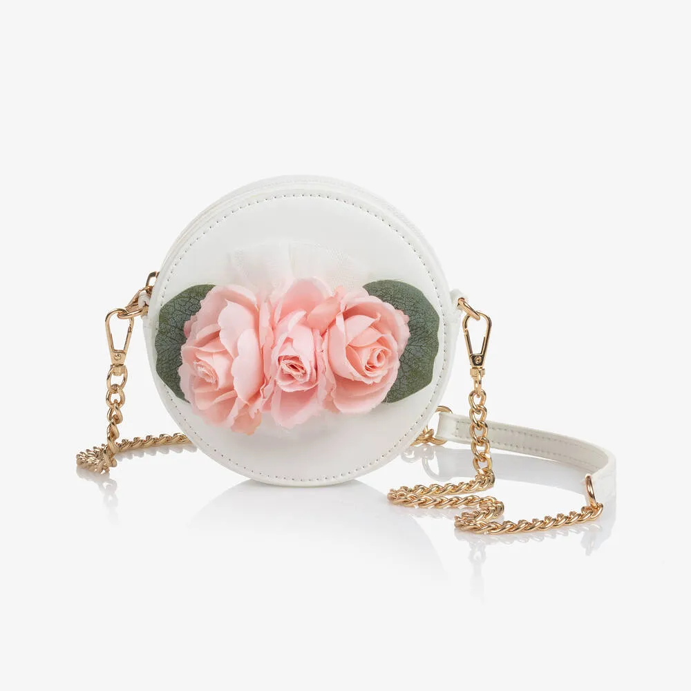 Girls White Roses Round Bag (14cm) 