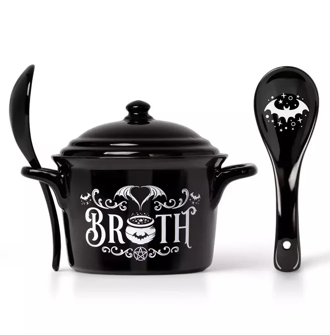 Gothic Bat Broth Print Ceramic Bowl Lid & Spoon Set