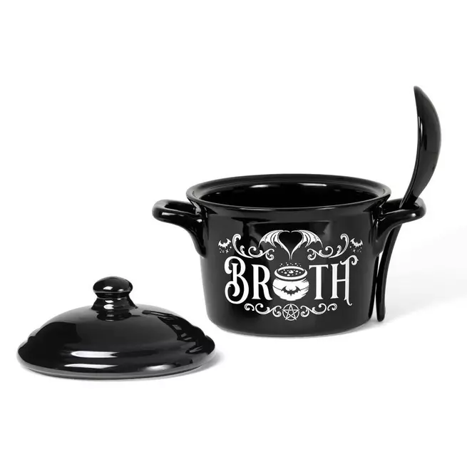 Gothic Bat Broth Print Ceramic Bowl Lid & Spoon Set