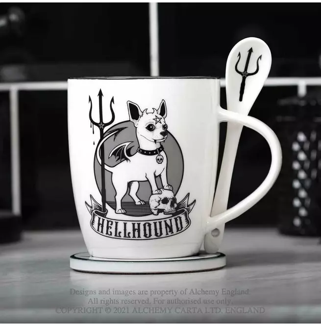 Gothic Hellhound Print White Mug & Spoon Set