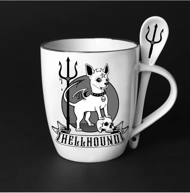 Gothic Hellhound Print White Mug & Spoon Set