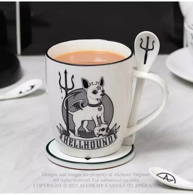 Gothic Hellhound Print White Mug & Spoon Set