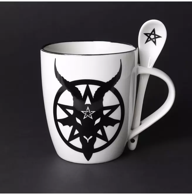 Gothic White Baphomet Pentacle Mug & Spoon Set