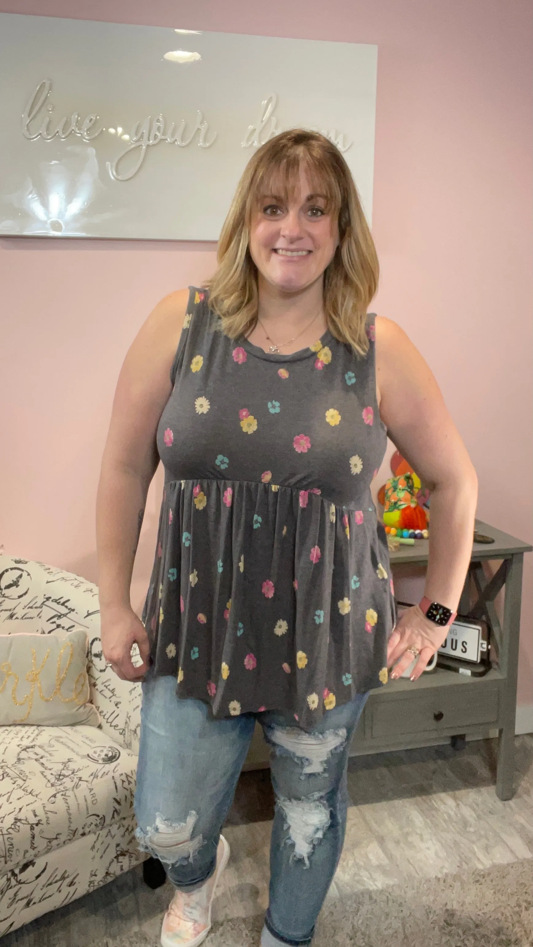 Grey Babydoll Tank with Flowers