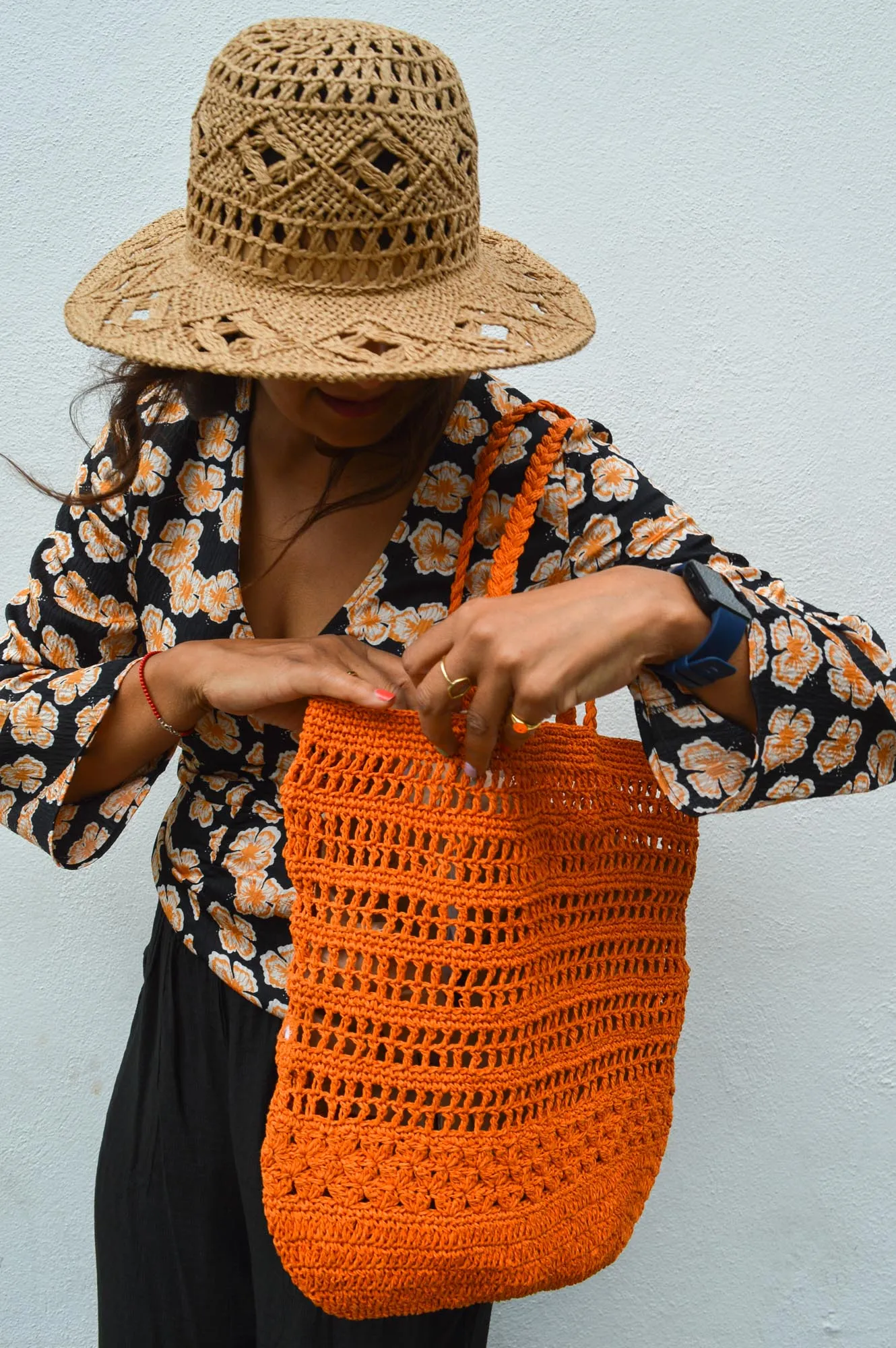 Indi & Cold Fluorescent Apricot Raffia Bag