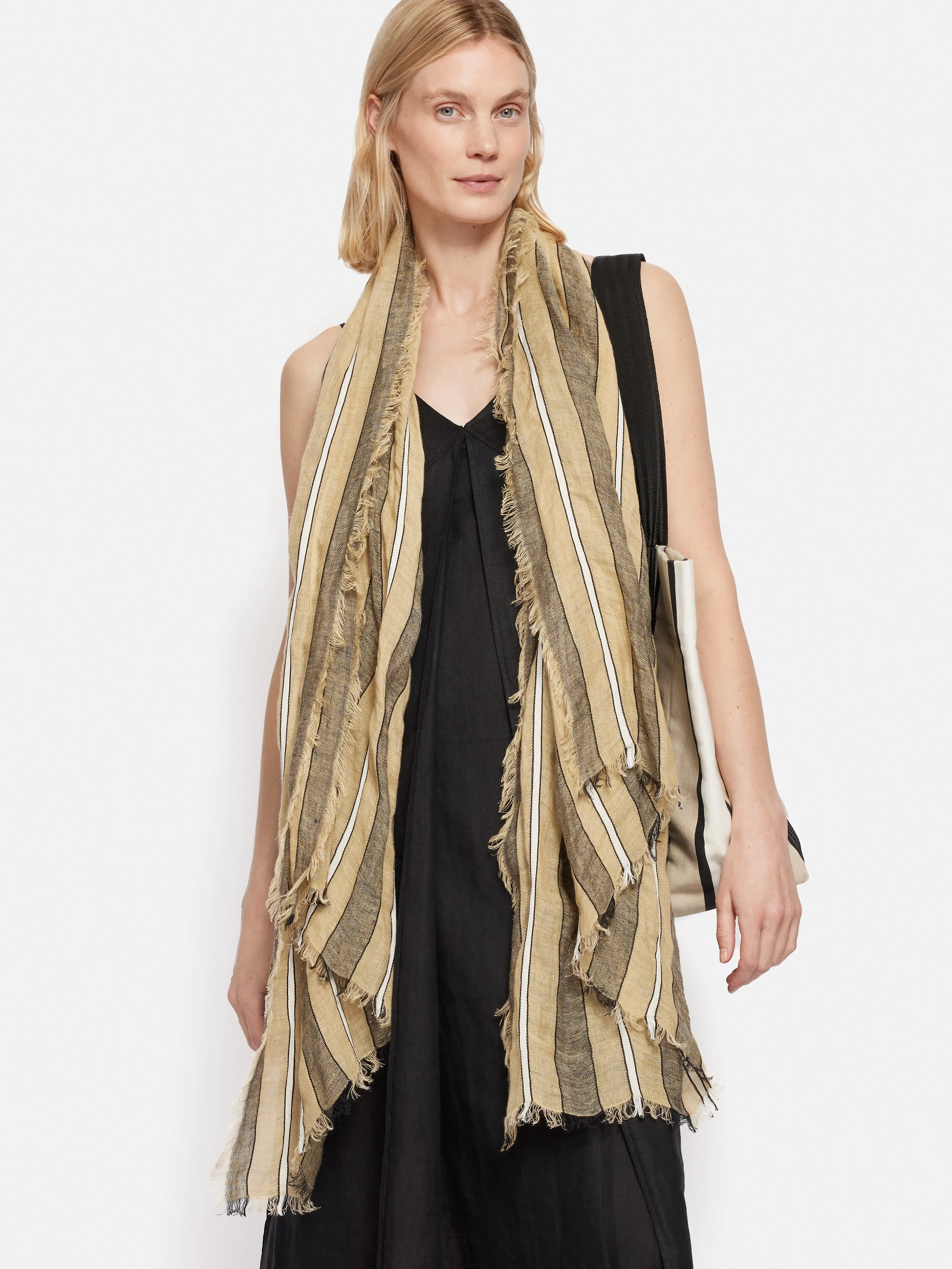 Linen Mix Stripe Woven Scarf | Natural