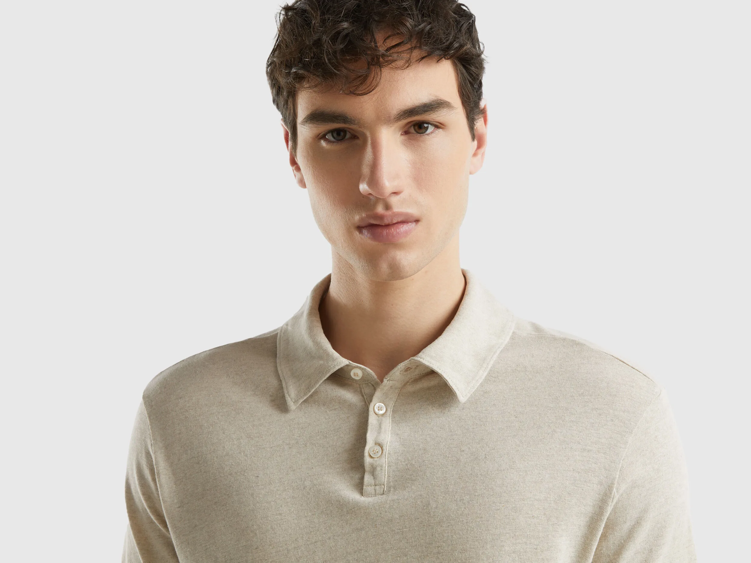 Polo in linen blend - Beige | Benetton