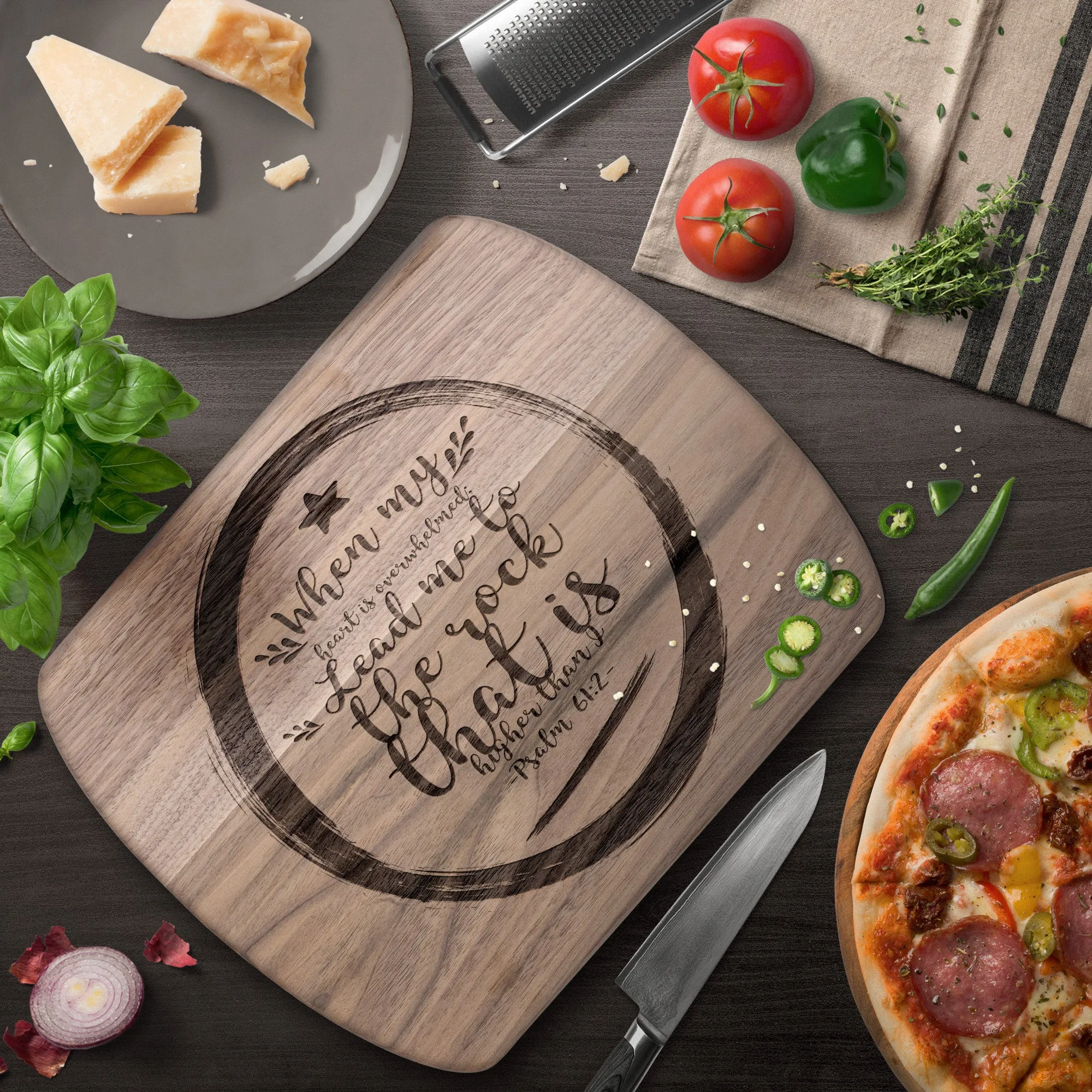 Products Bible Verse Hardwood Oval Cutting Board - Lead Me To The Rock ~Psalm 61:2~ Design 15