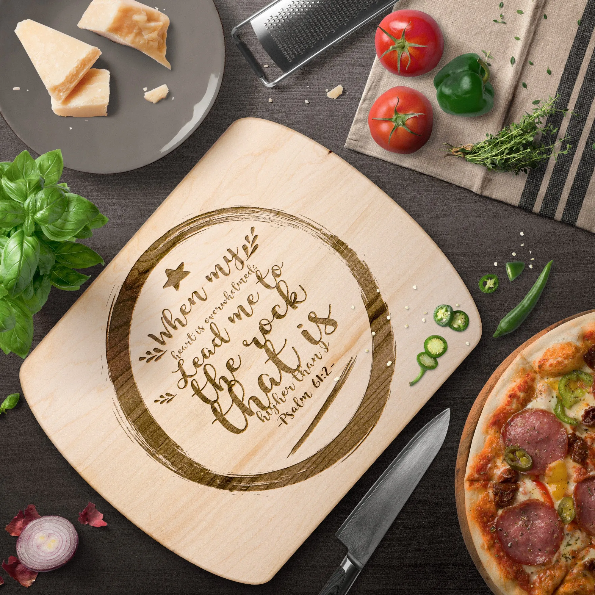 Products Bible Verse Hardwood Oval Cutting Board - Lead Me To The Rock ~Psalm 61:2~ Design 15