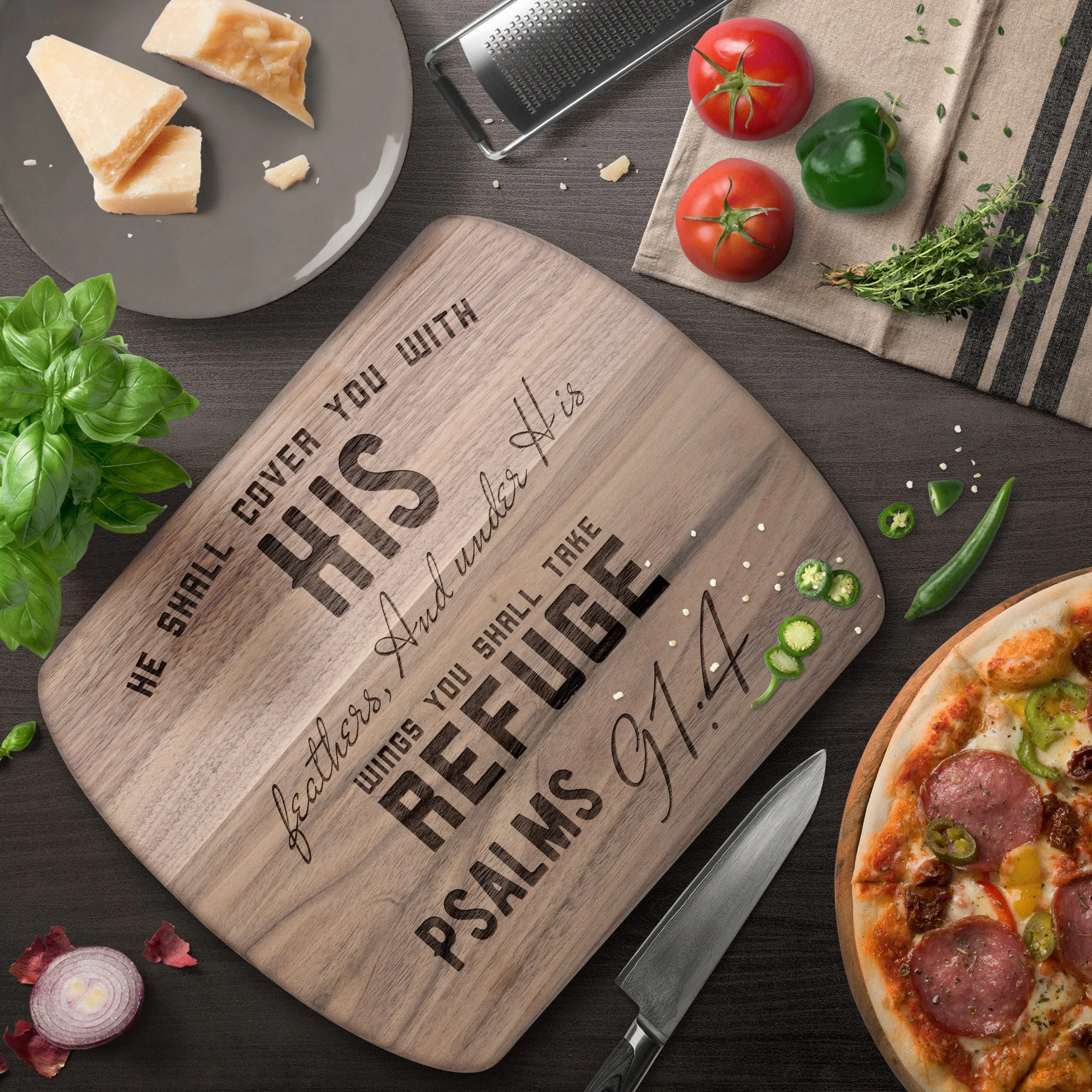 Products Bible Verse Hardwood Oval Cutting Board - Under His Wings You Shall Take Refuge ~Psalm 91:4~ Design 6