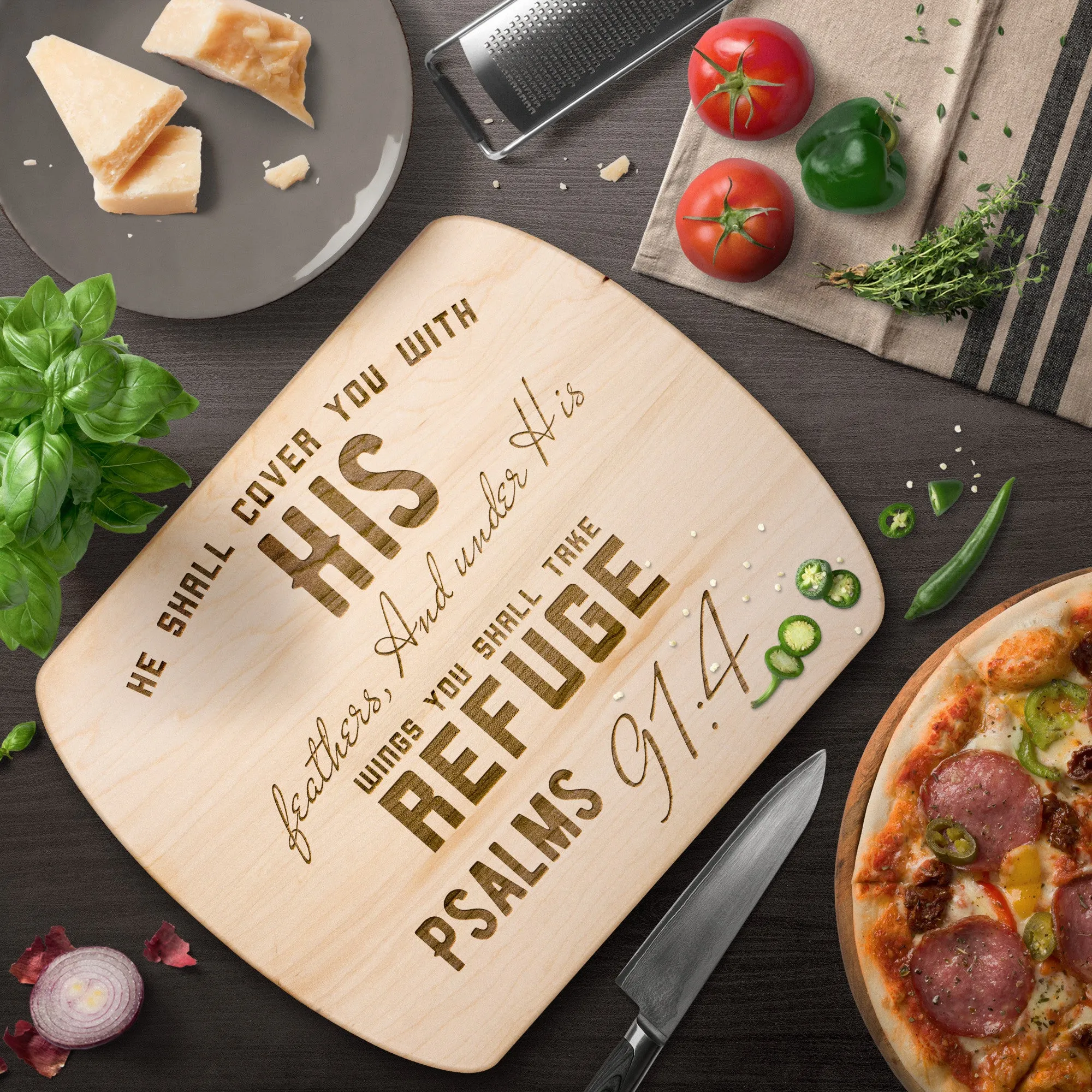 Products Bible Verse Hardwood Oval Cutting Board - Under His Wings You Shall Take Refuge ~Psalm 91:4~ Design 6