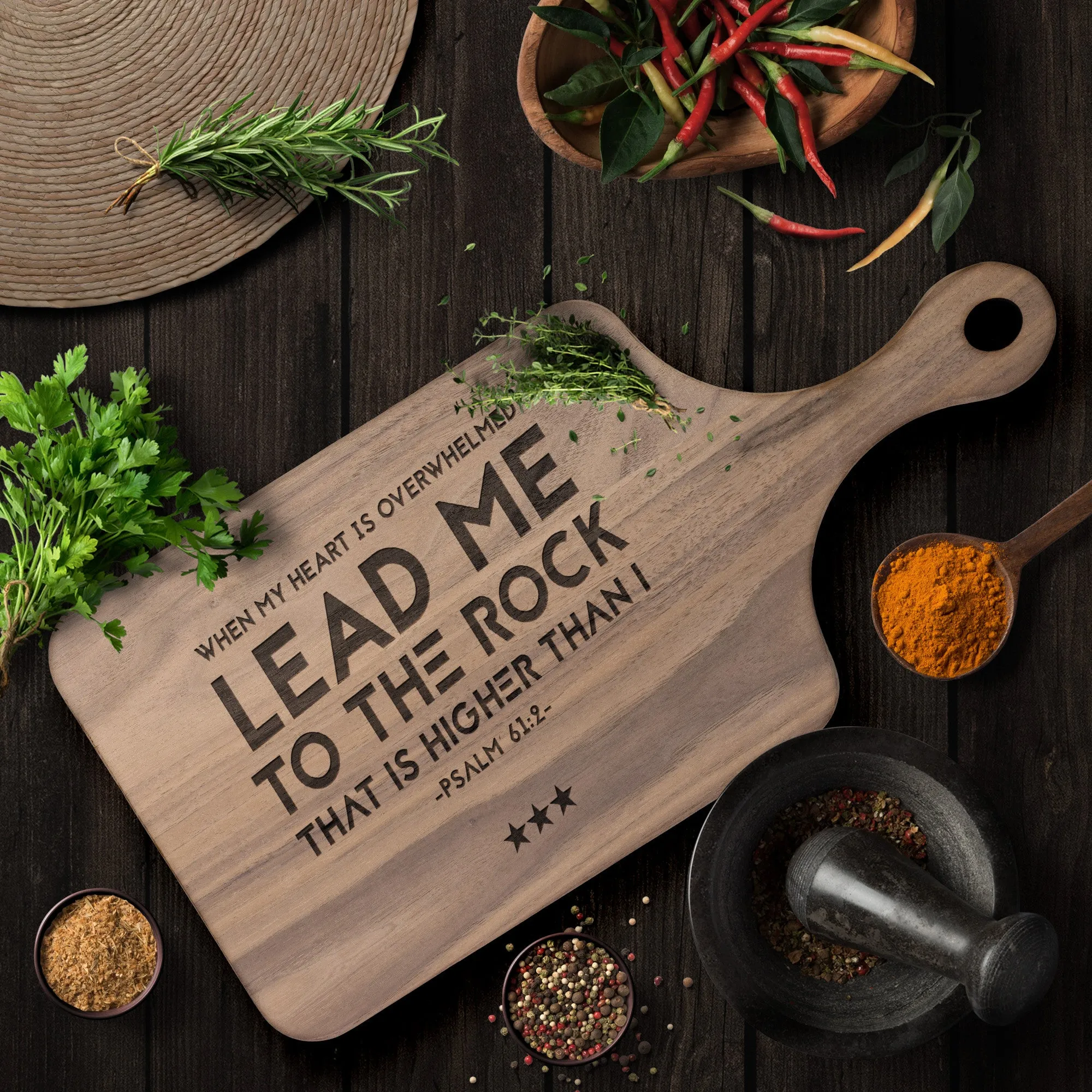 Products Bible Verse Hardwood Paddle Cutting Board - Lead Me To The Rock ~Psalm 61:2~ Design 12