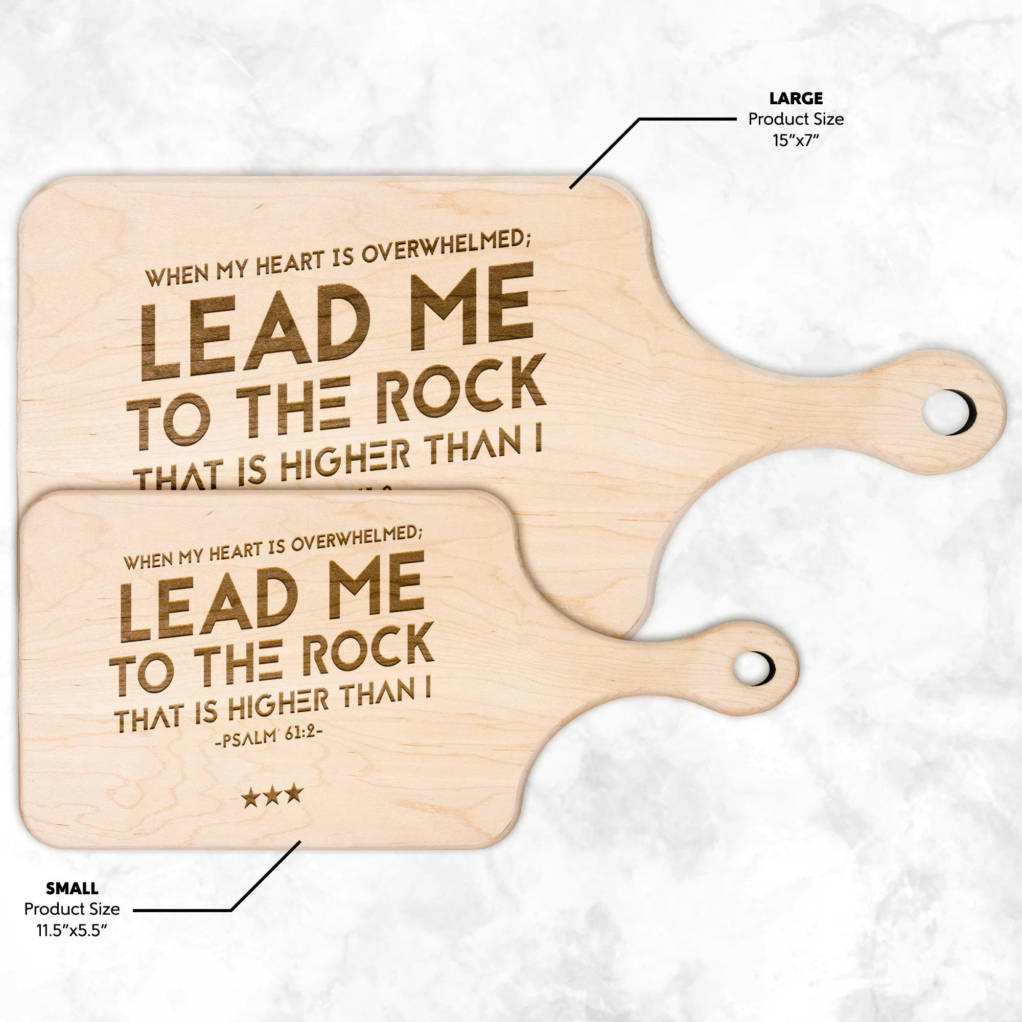 Products Bible Verse Hardwood Paddle Cutting Board - Lead Me To The Rock ~Psalm 61:2~ Design 12