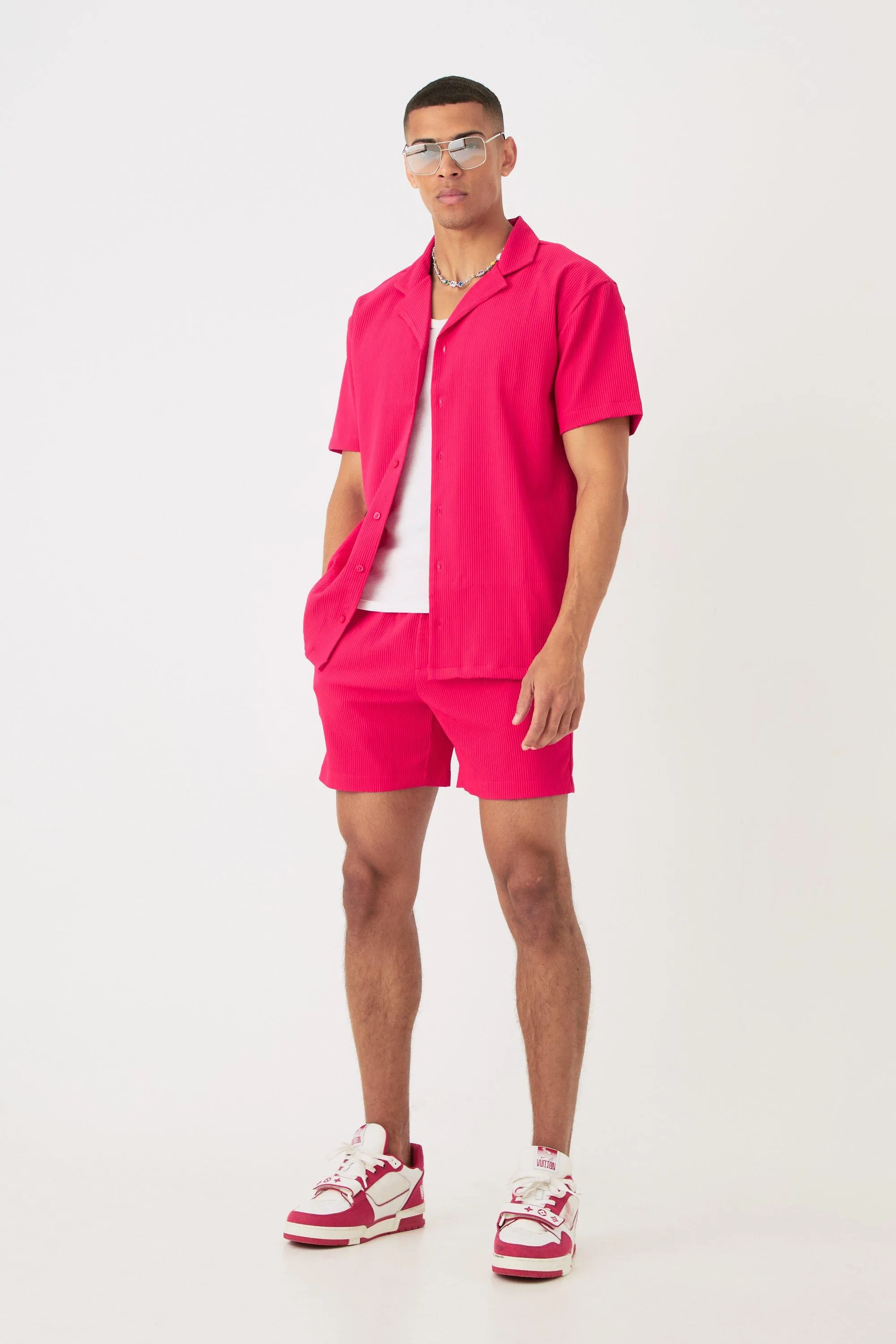 Short Sleeve Oversized Lightweight Pleat Shirt & Short Set | boohooMAN UK