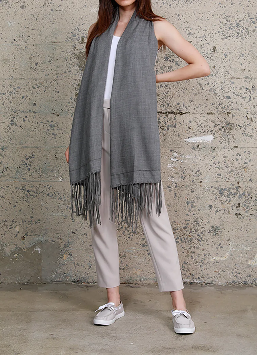 Silk wool  and Suede Fringe Wrap Scarf