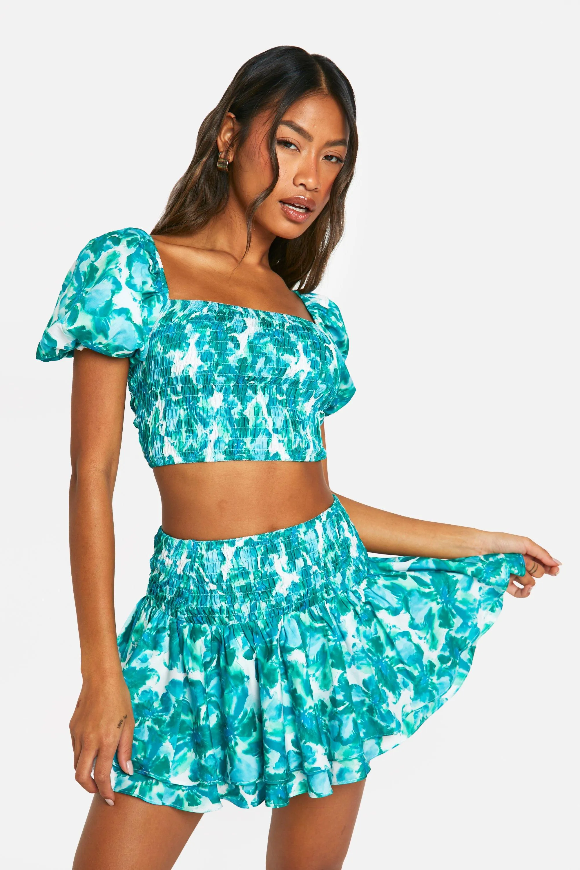 Skirt Co-ords | Floral Shirred Volume Sleeve Crop & Mini Skirt | boohoo