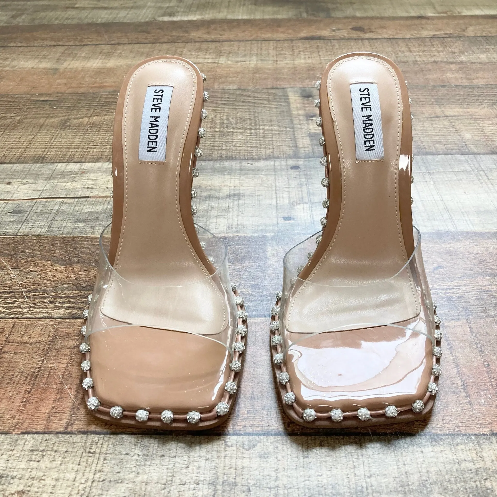 STEVE MADDEN CLEAR STRAP HEELED STUDDED SANDALS- SIZE 7.5 ( ONLINE)