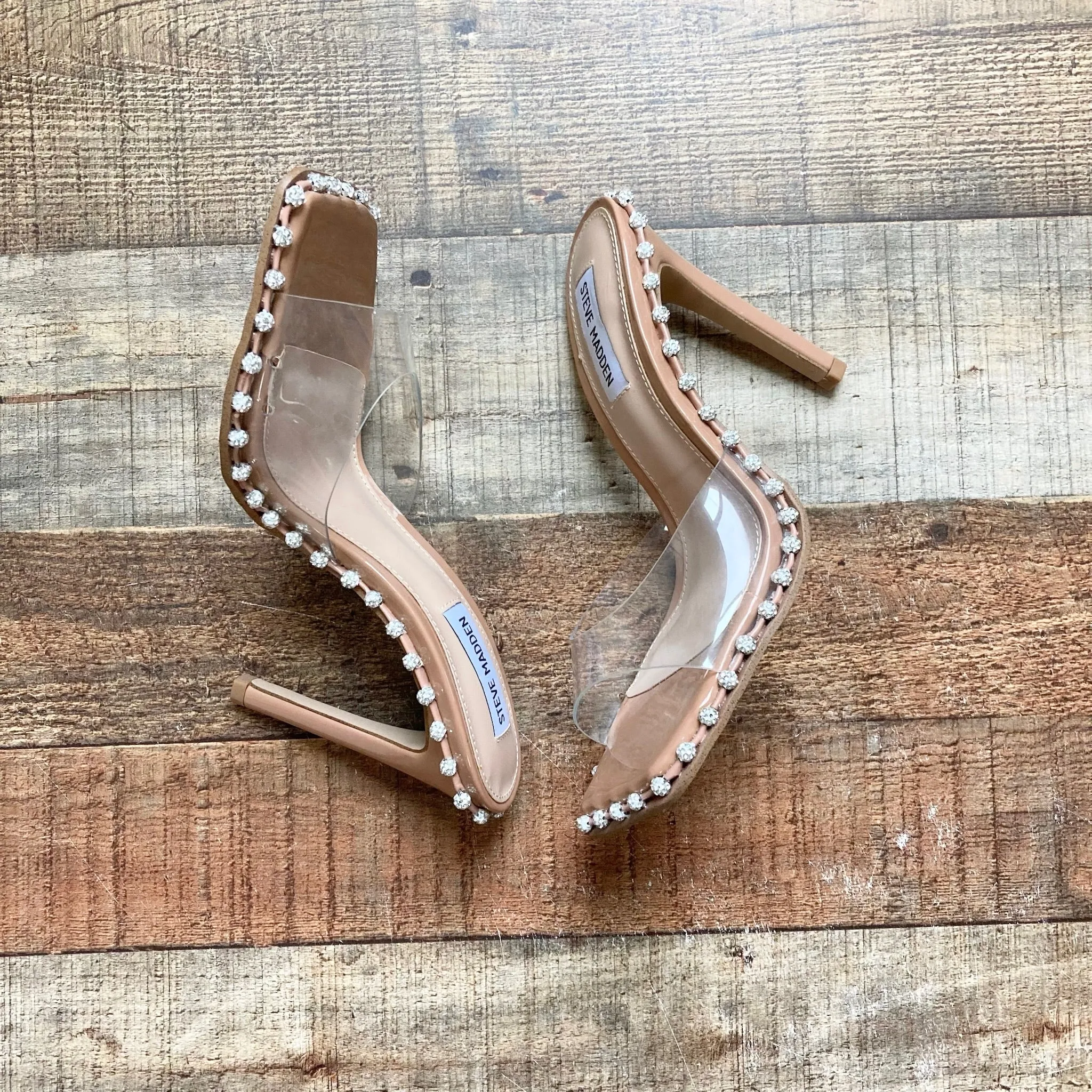 STEVE MADDEN CLEAR STRAP HEELED STUDDED SANDALS- SIZE 7.5 ( ONLINE)