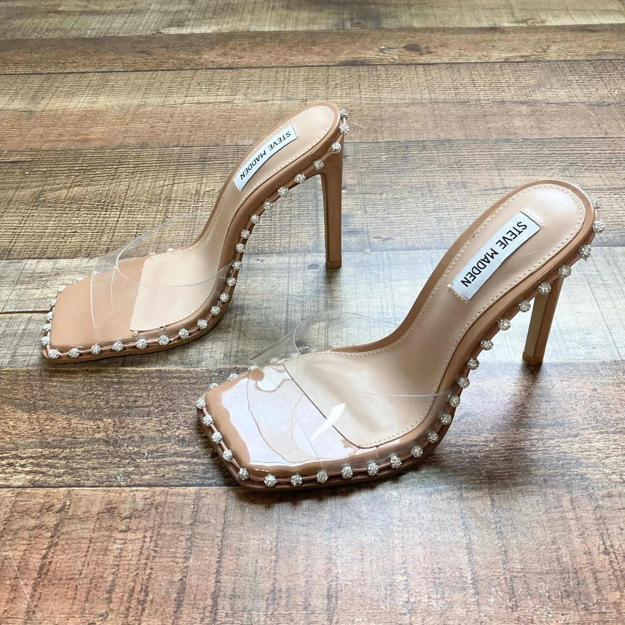 STEVE MADDEN CLEAR STRAP HEELED STUDDED SANDALS- SIZE 7.5 ( ONLINE)