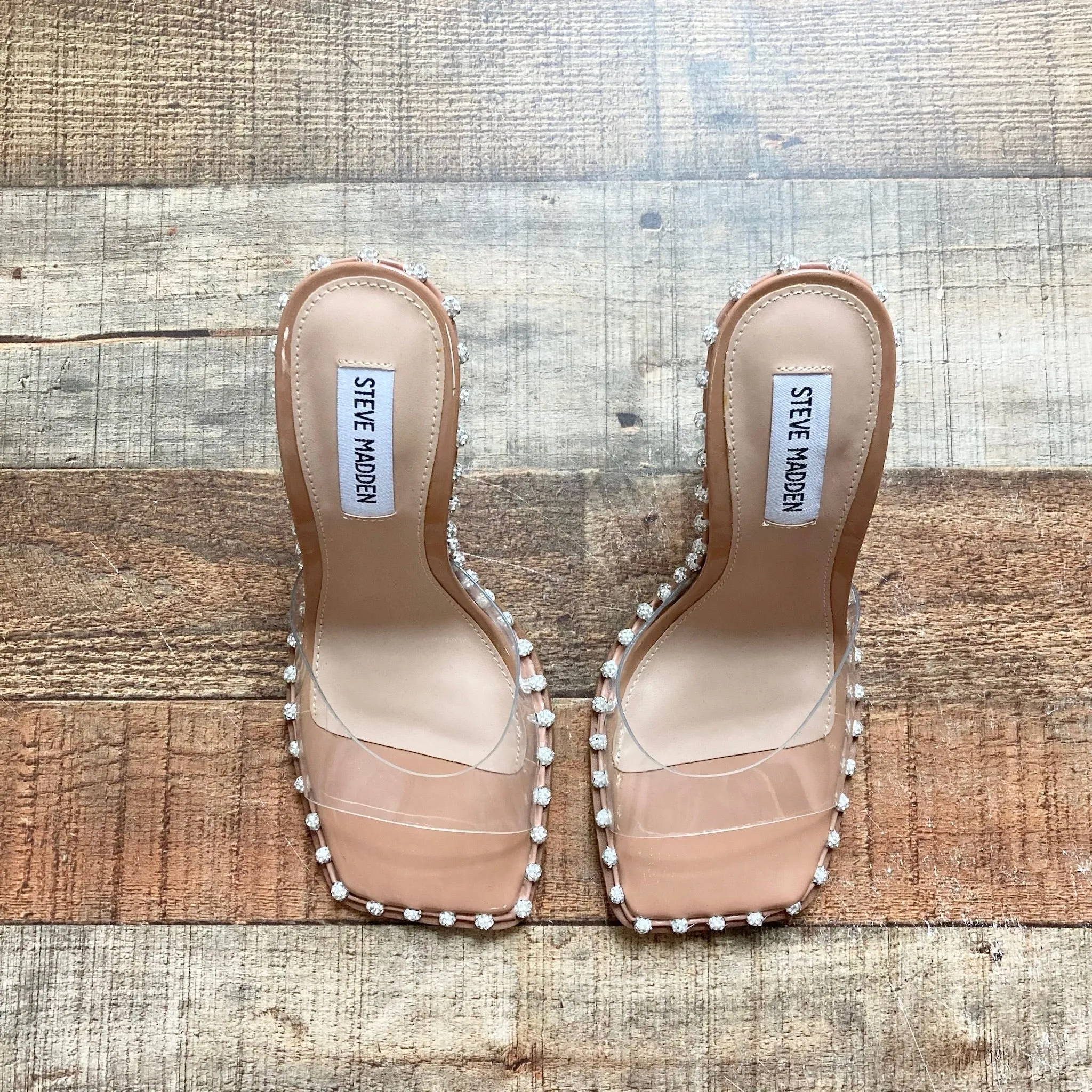 STEVE MADDEN CLEAR STRAP HEELED STUDDED SANDALS- SIZE 7.5 ( ONLINE)