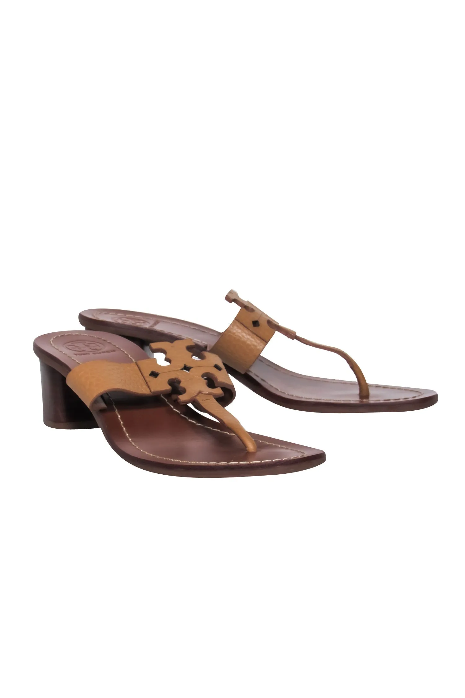 Tory Burch - Tan Logo Thong Leather Sandals w/ Block Heel Sz 7.5