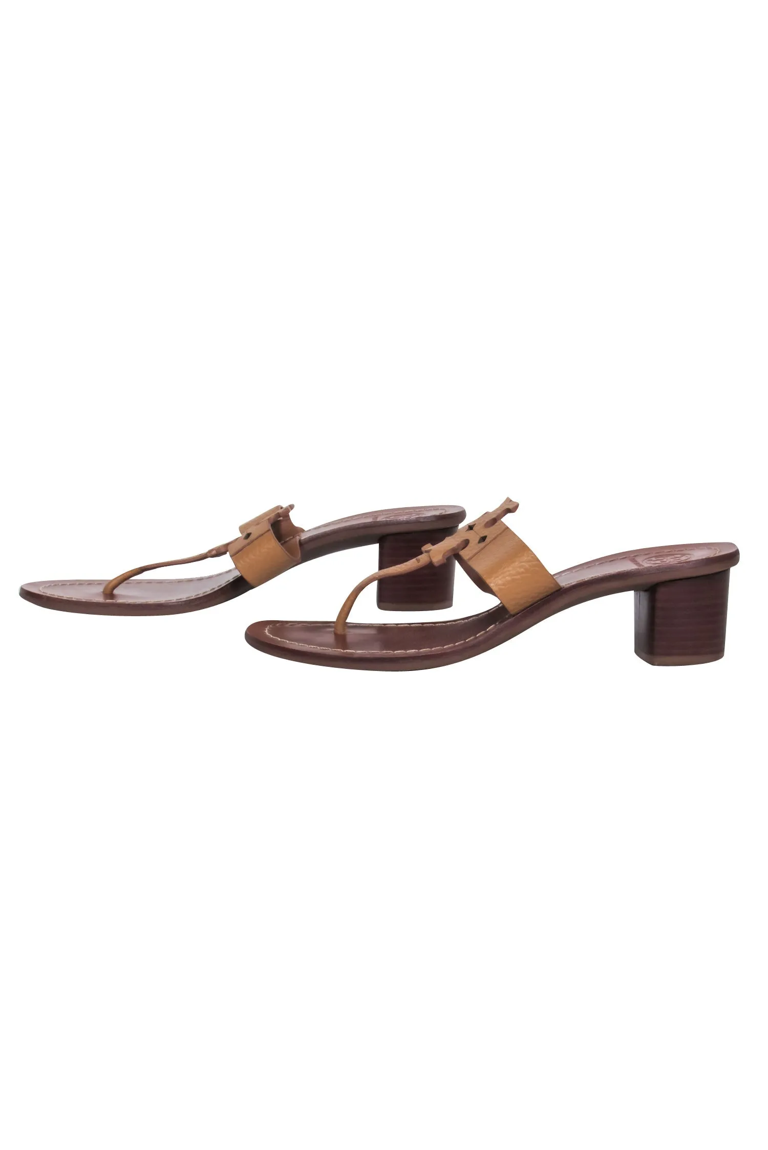 Tory Burch - Tan Logo Thong Leather Sandals w/ Block Heel Sz 7.5