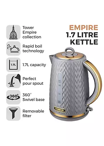 Tower Empire 3KW 1.7L Kettle T10052GRY - Grey with Brass Accents | Kaleidoscope