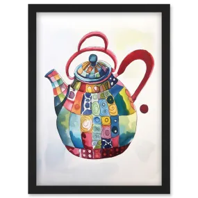 Wall Art & Pictures | Enamelled Patterned Tea Kettle Teapot Folk Art Watercolour Painting Artwork Framed Wall Art Print A4 |