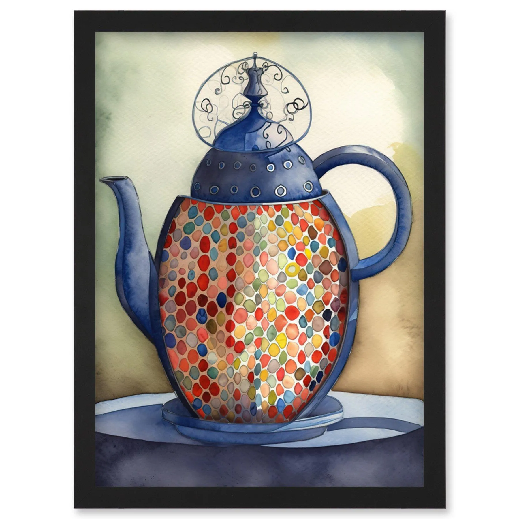 Wall Art & Pictures | Enamelled Teapot Colourful Tea Kettle Folk Art Watercolour Painting Artwork Framed Wall Art Print A4 |