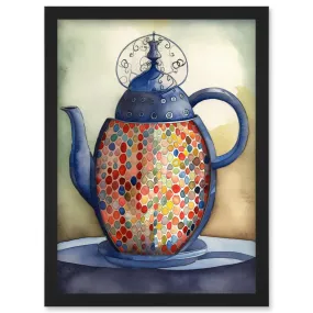 Wall Art & Pictures | Enamelled Teapot Colourful Tea Kettle Folk Art Watercolour Painting Artwork Framed Wall Art Print A4 |