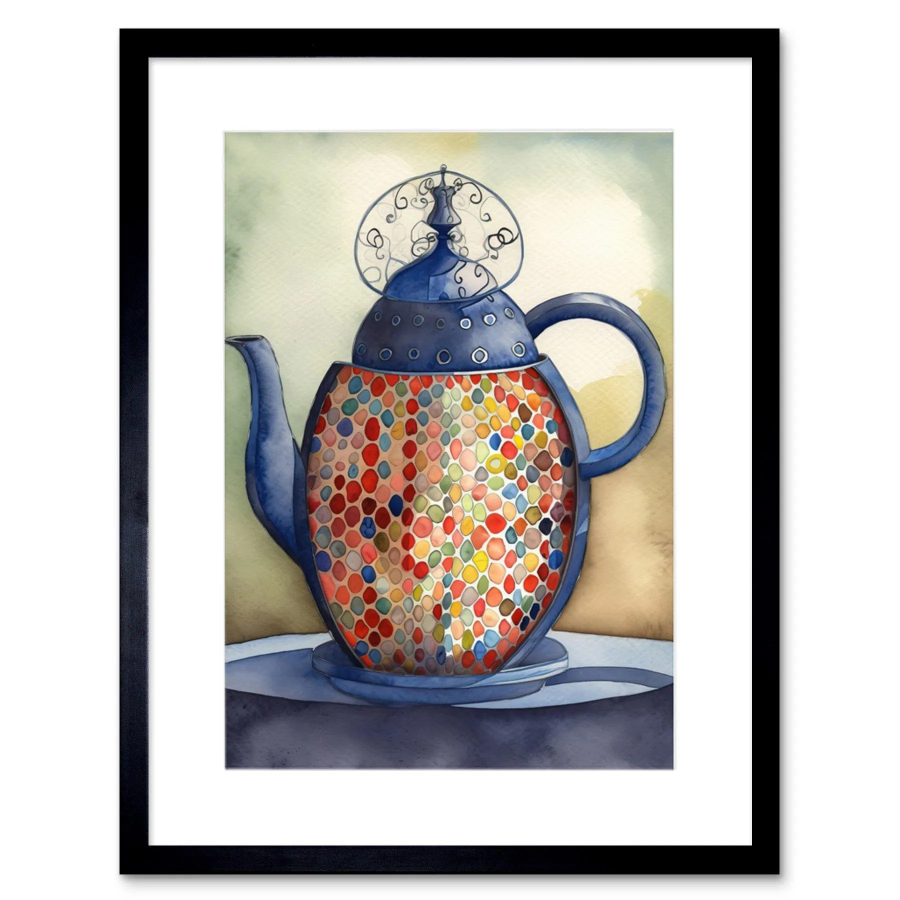 Wall Art & Pictures | Wall Art Print Enamelled Teapot Colourful Tea Kettle Folk Art Watercolour Painting Artwork Framed 9X7 