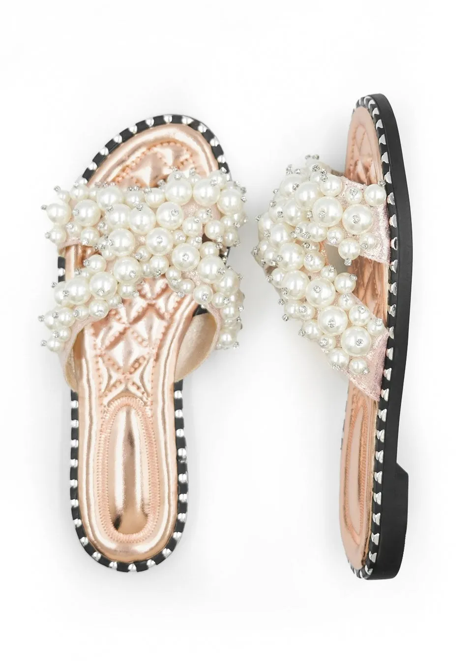 Where's That From Rose Gold Eve Pearl Embellished Flat Slider Sandals