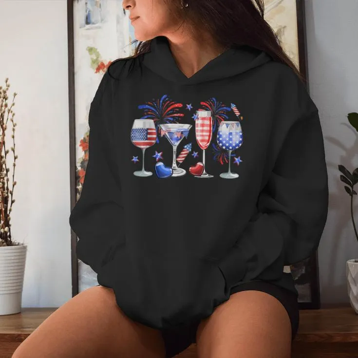 Wine Glass Red White Blue Firework Happy 4Th Of July Women Hoodie