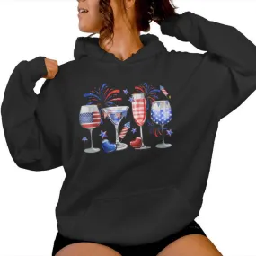 Wine Glass Red White Blue Firework Happy 4Th Of July Women Hoodie