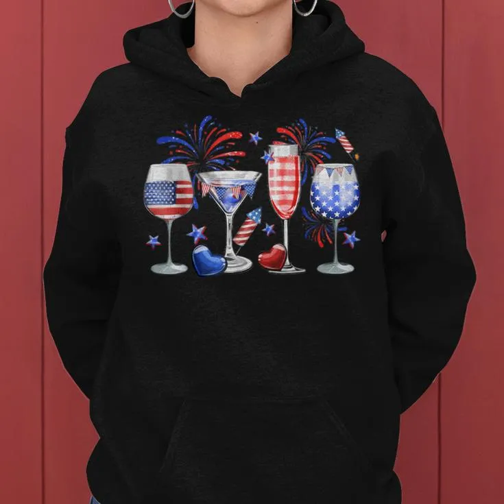 Wine Glass Red White Blue Firework Happy 4Th Of July Women Hoodie