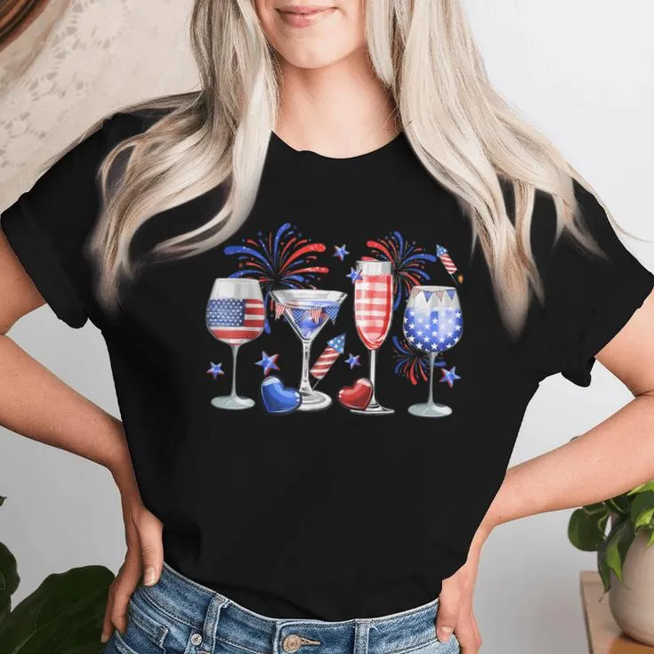 Wine Glass Red White Blue Firework Happy 4Th Of July Women T-shirt