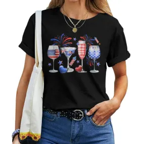 Wine Glass Red White Blue Firework Happy 4Th Of July Women T-shirt