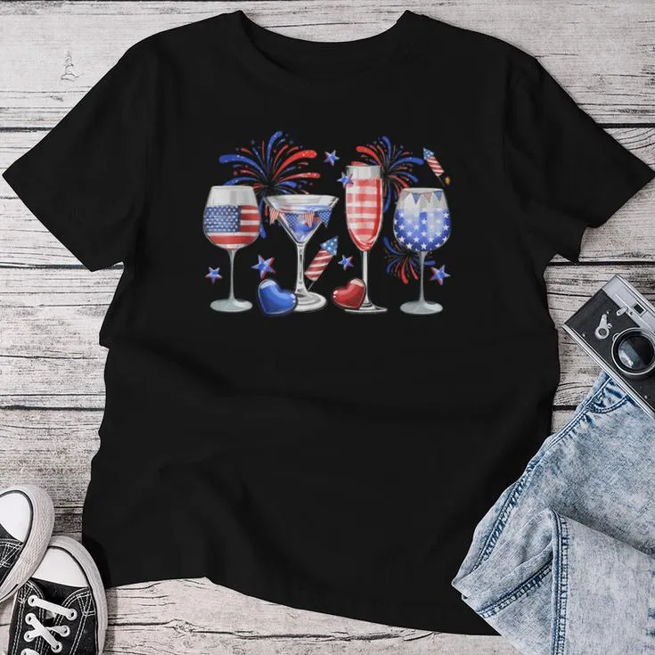 Wine Glass Red White Blue Firework Happy 4Th Of July Women T-shirt