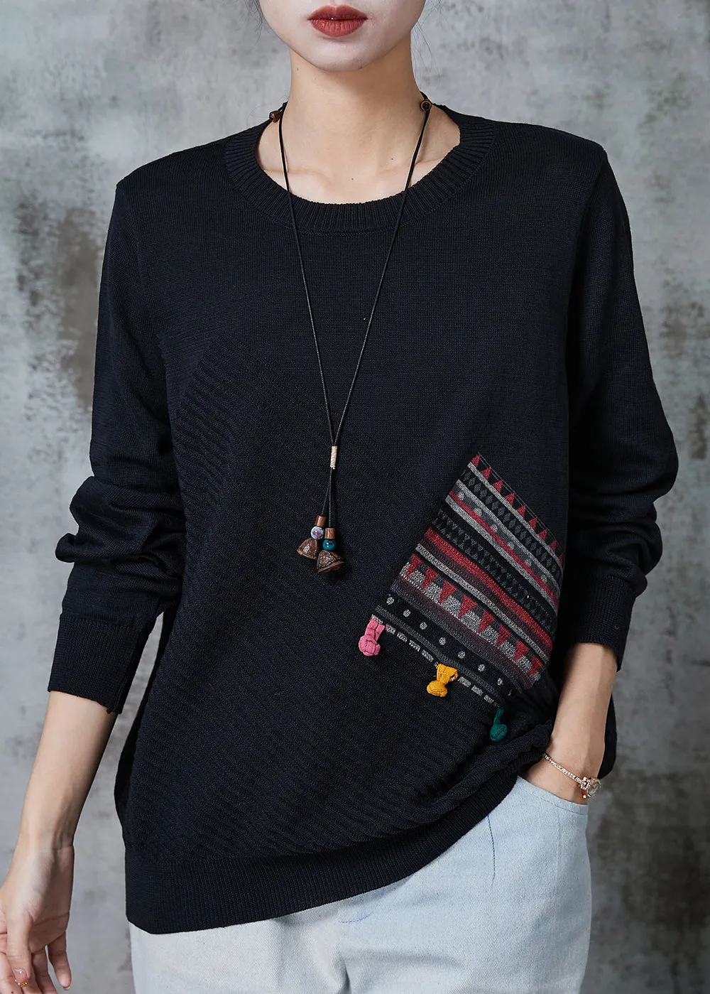 Women Black Patchwork Applique Knit Pullover Spring