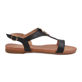 Women's Flat Sandals With Gold Decoration S.Barski KV27-051 Black