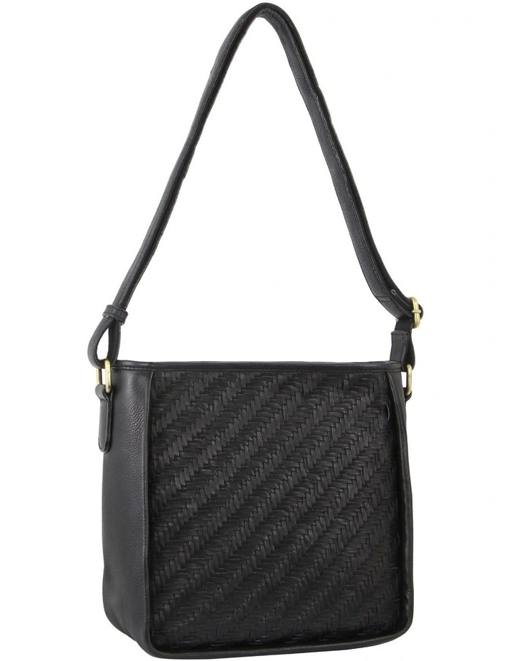 Woven Embossed Leather Cross-Body Bag in Black